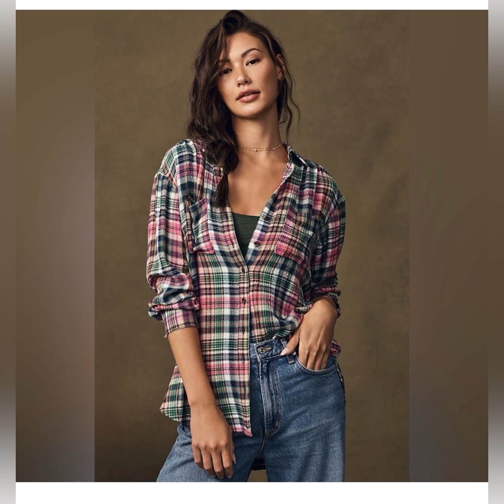 Pilcro Pink and Green Plaid Button-Down Oversized Cozy Bohemian Shirt Size XS